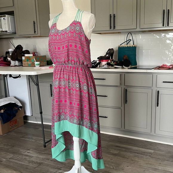 Umgee Hi Low Dress Pink Green Print Sleeveless Caged Back Size Large - Picture 1 of 8